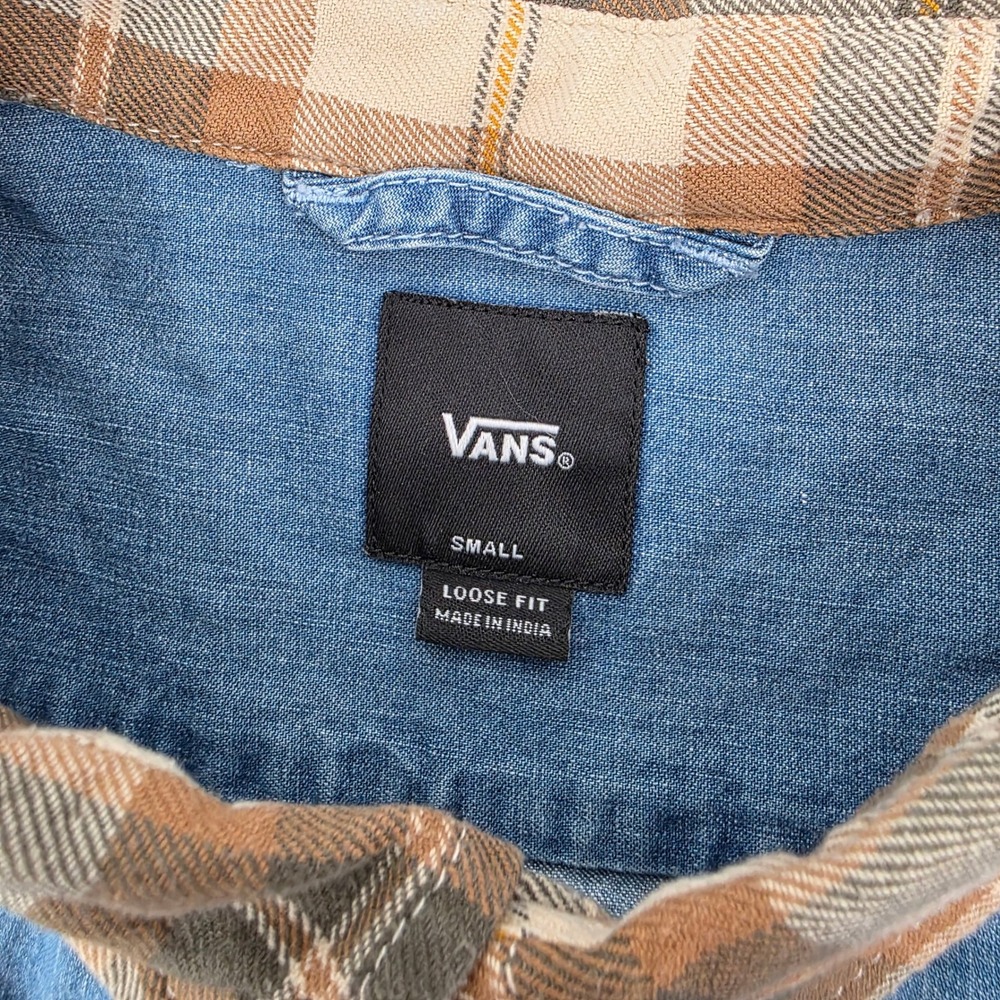 Vans Button Up Shirt Mens Small Denim Blue Plaid‎ Collar Casual Loose Fit Skate - Picture 4 of 8